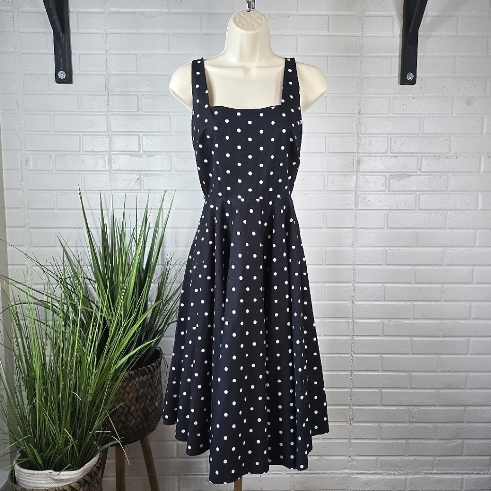 Venus Polka Dot Sleeveless Black Midi Dress Size 2
